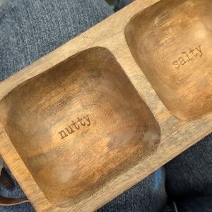 NWT Salty and Nutty Sectioned Serving Dish with Spoon Set Wood and Copper